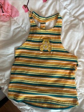 Y2K Striped Rainbow Carebear Funshine Bear Ribbed Cropped Tank Halter S/M